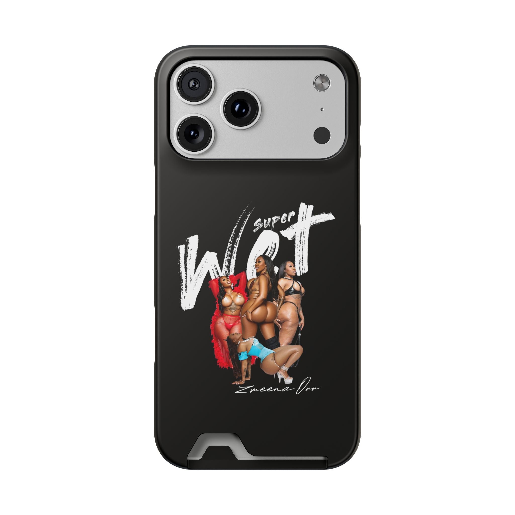 Phone Case with Card Holder — 'Super Wet' Pinup Crew Graphic