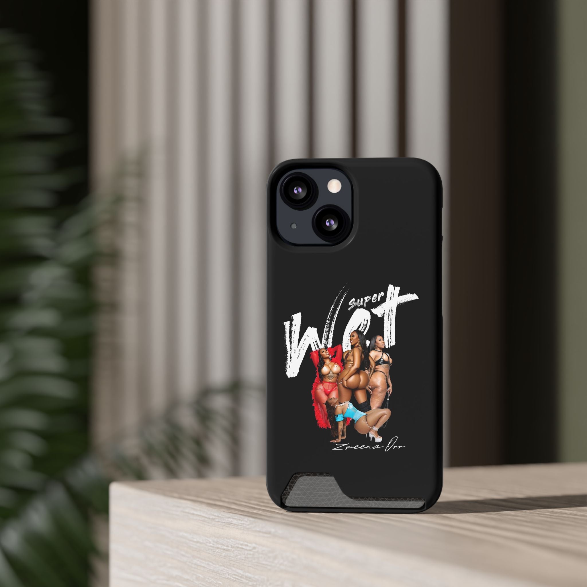 Phone Case with Card Holder — 'Super Wet' Pinup Crew Graphic