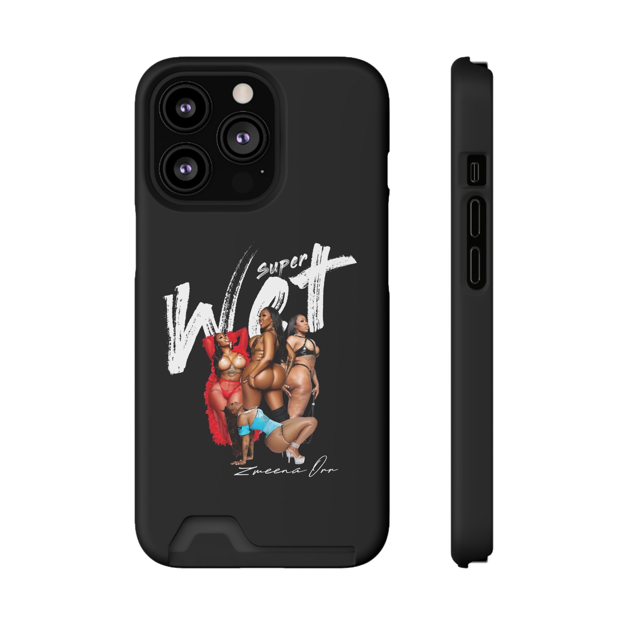 Phone Case with Card Holder — 'Super Wet' Pinup Crew Graphic