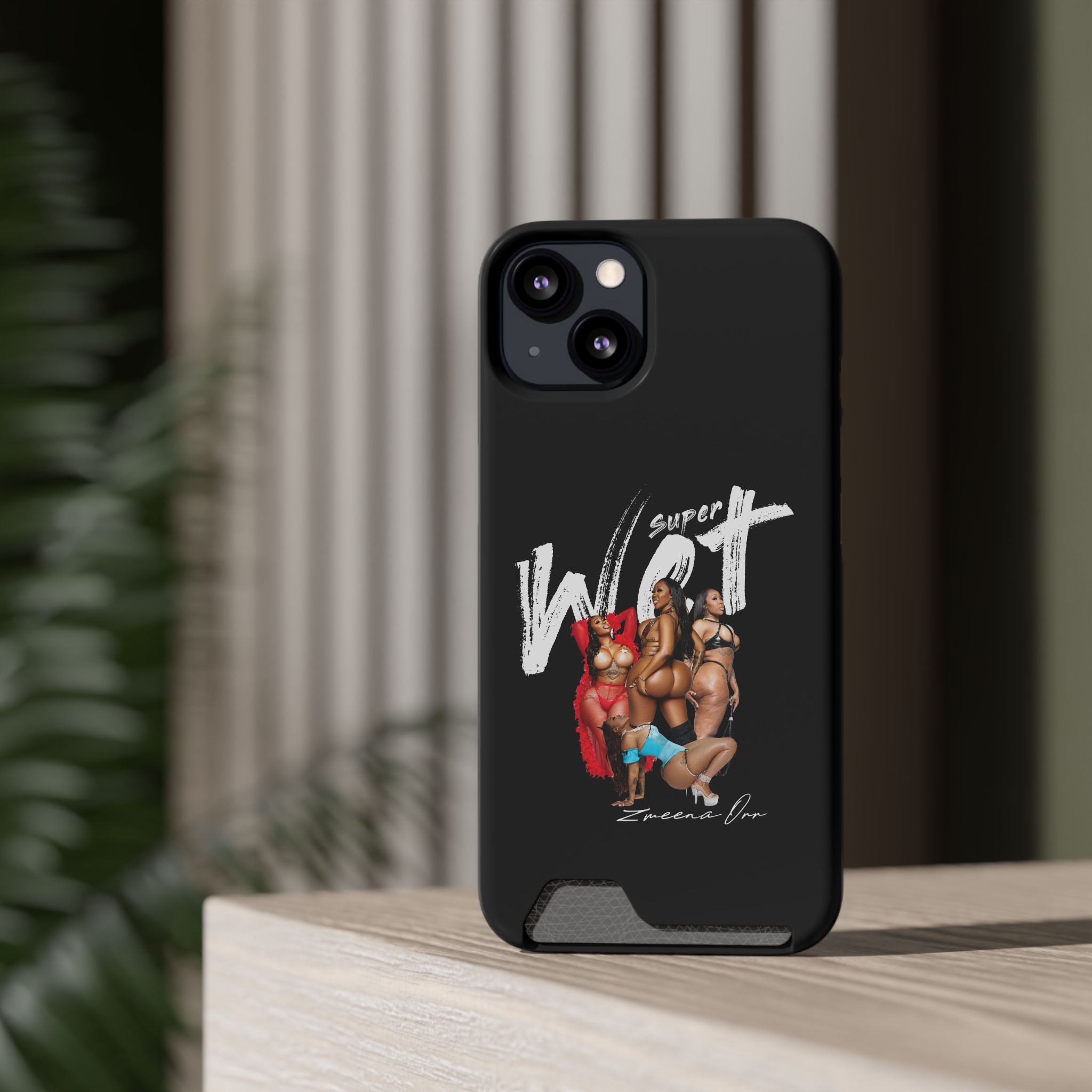 Phone Case with Card Holder — 'Super Wet' Pinup Crew Graphic