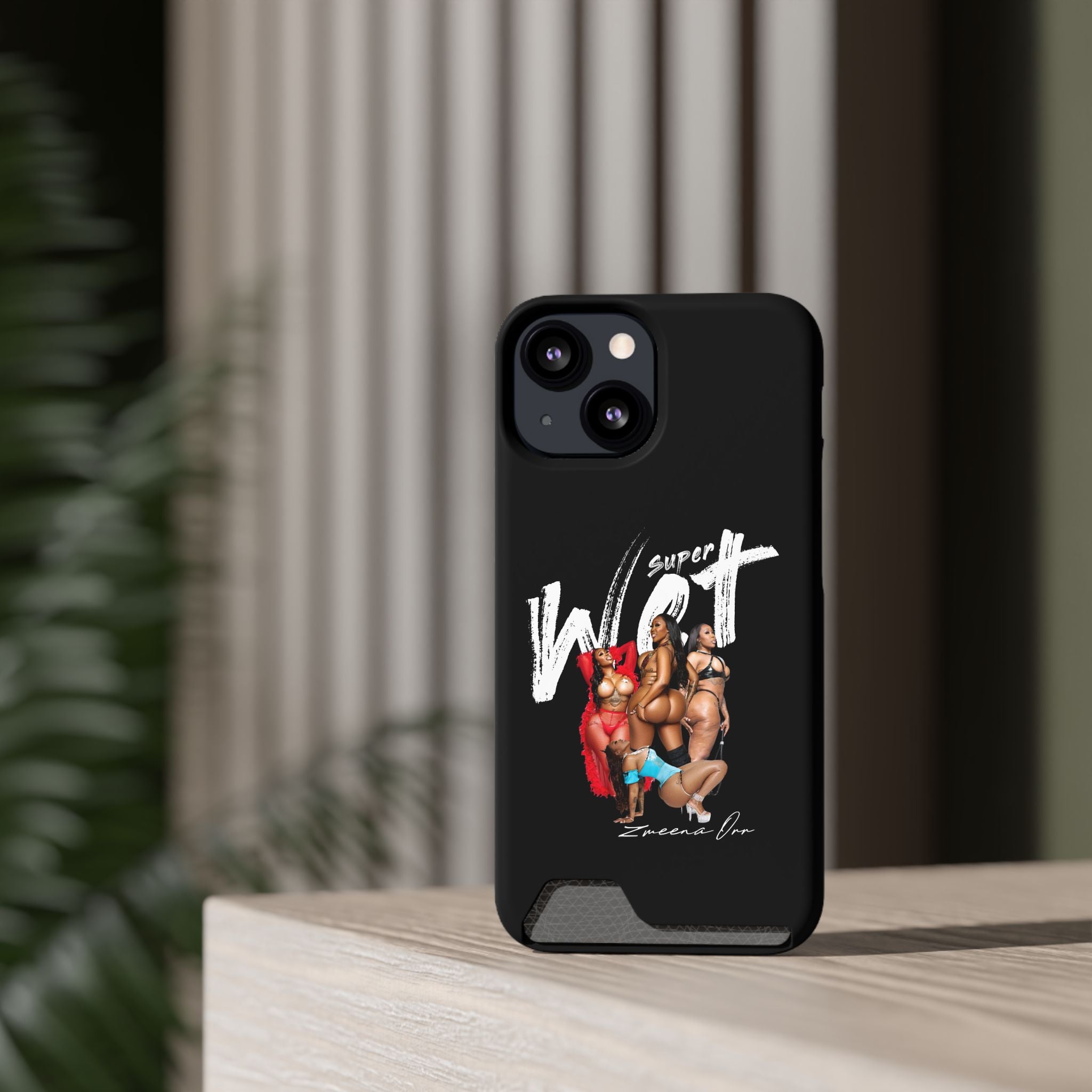 Phone Case with Card Holder — 'Super Wet' Pinup Crew Graphic