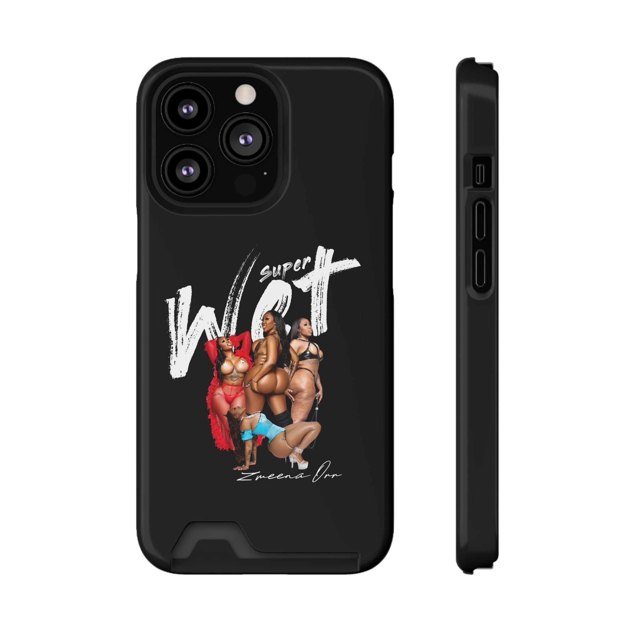 Phone Case with Card Holder — 'Super Wet' Pinup Crew Graphic
