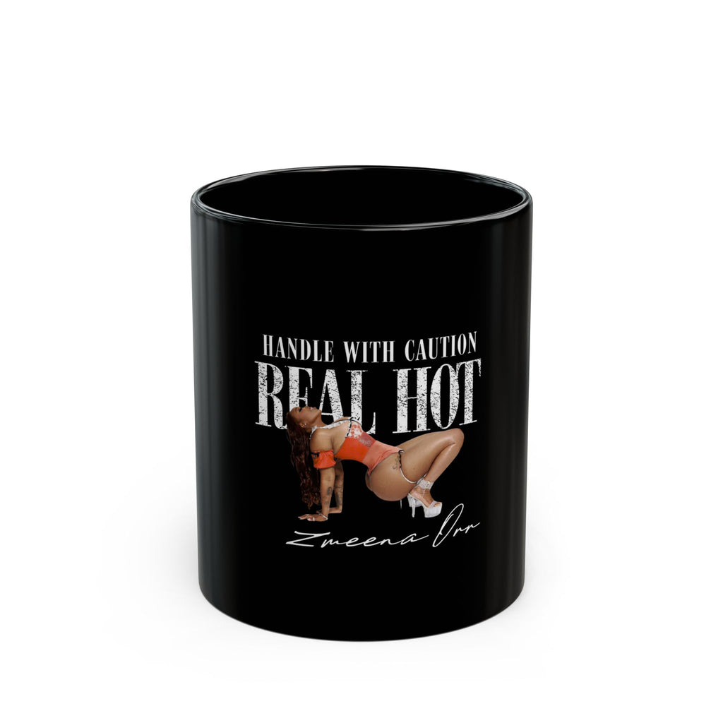 Black Mug — "Handle With Caution: Real Hot" Pin-Up Coffee Mug (11oz/15oz)