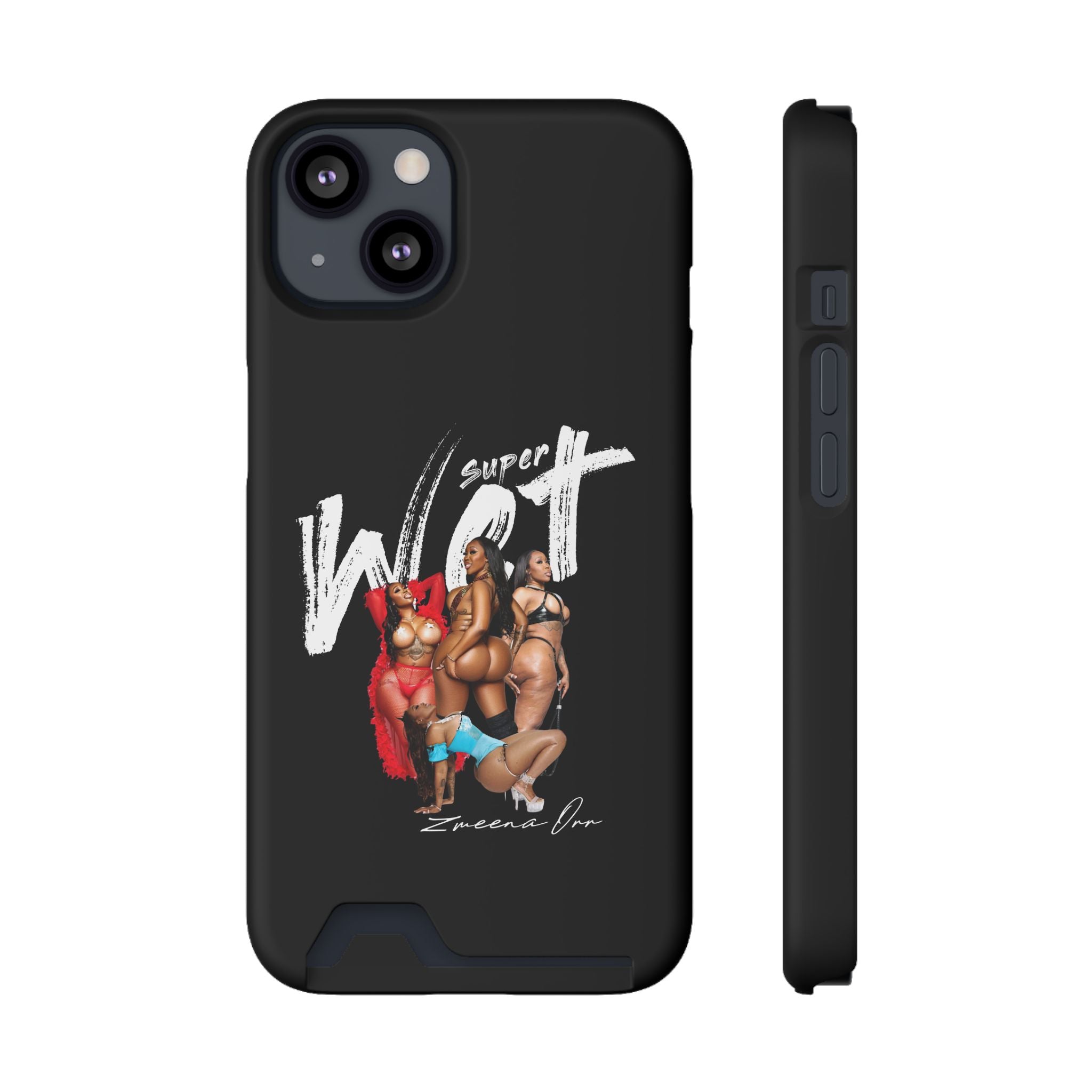 Phone Case with Card Holder — 'Super Wet' Pinup Crew Graphic