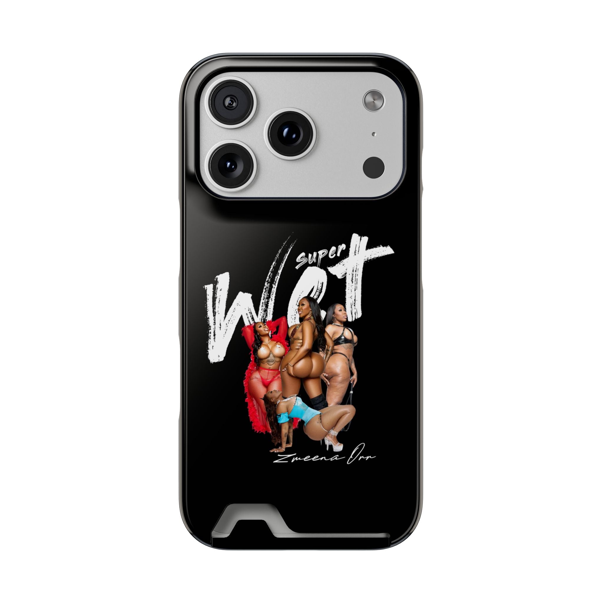 Phone Case with Card Holder — 'Super Wet' Pinup Crew Graphic