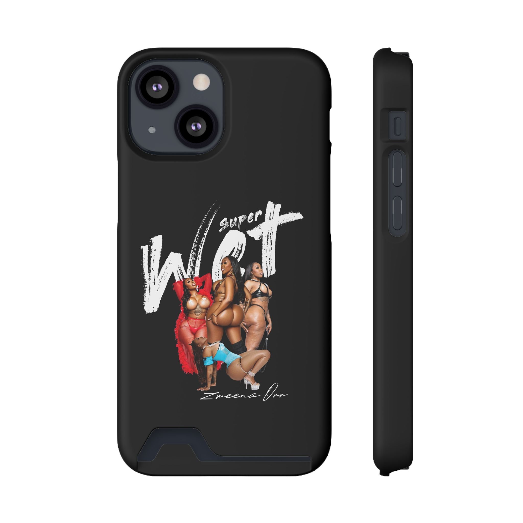 Phone Case with Card Holder — 'Super Wet' Pinup Crew Graphic