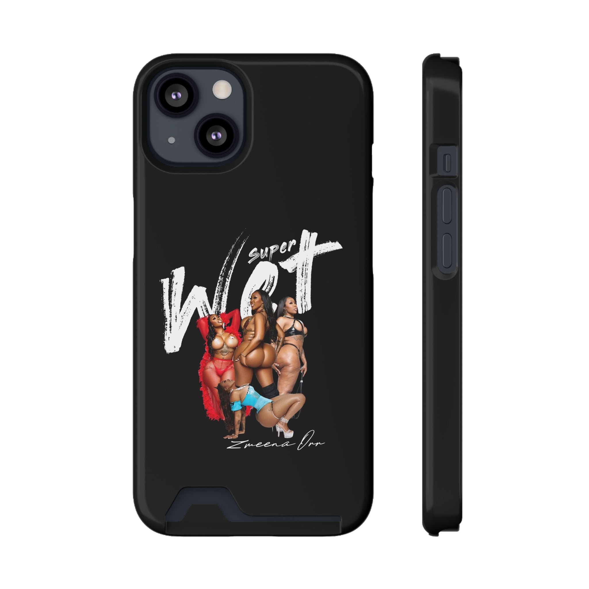Phone Case with Card Holder — 'Super Wet' Pinup Crew Graphic