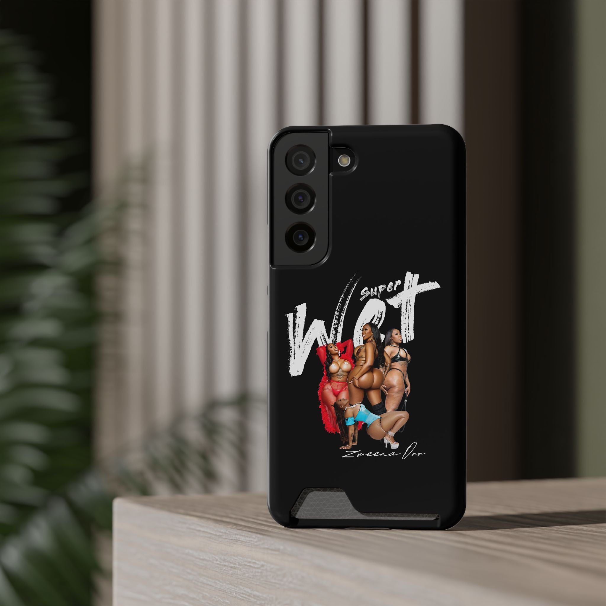 Phone Case with Card Holder — 'Super Wet' Pinup Crew Graphic