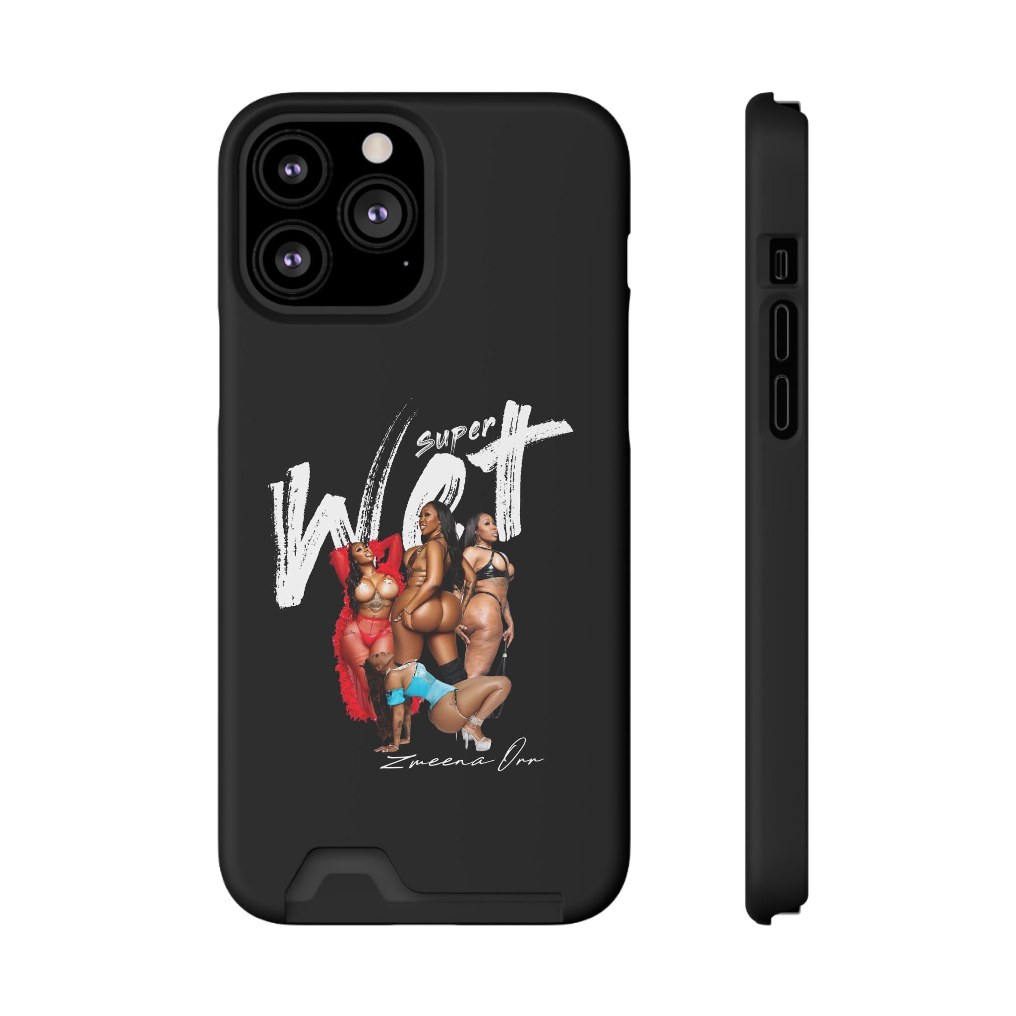 Phone Case with Card Holder — 'Super Wet' Pinup Crew Graphic