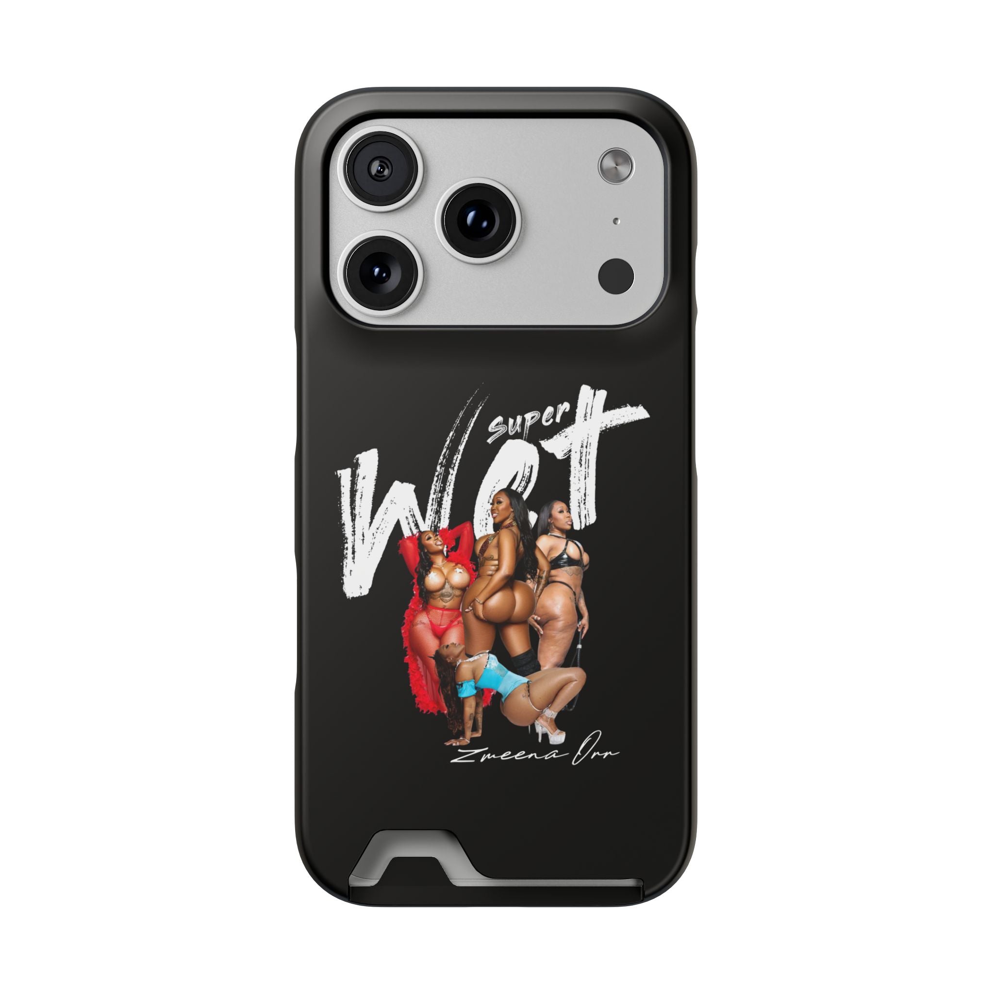 Phone Case with Card Holder — 'Super Wet' Pinup Crew Graphic