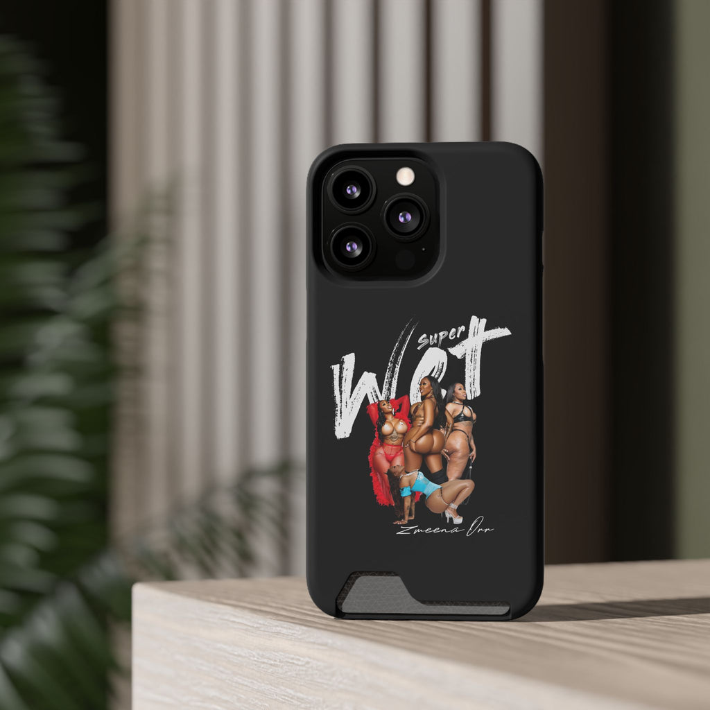 Phone Case with Card Holder — 'Super Wet' Pinup Crew Graphic