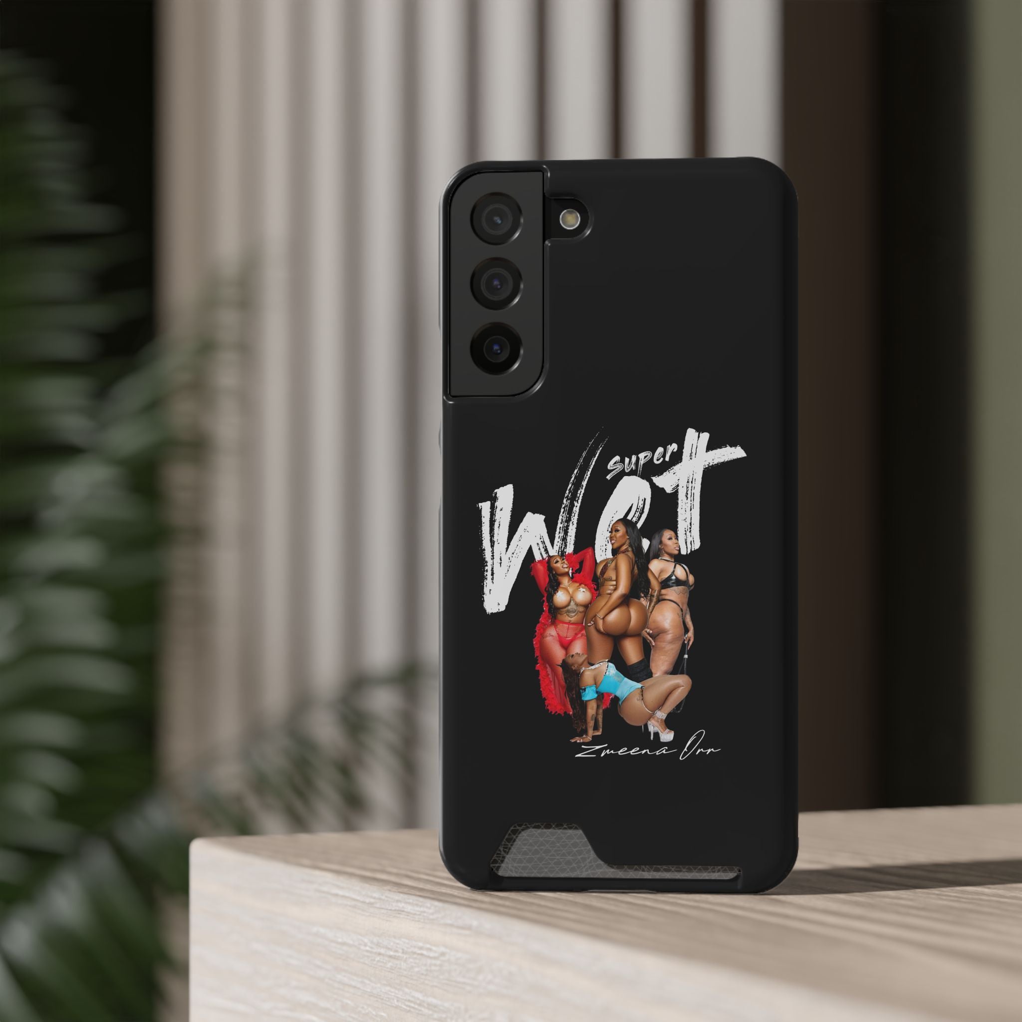 Phone Case with Card Holder — 'Super Wet' Pinup Crew Graphic